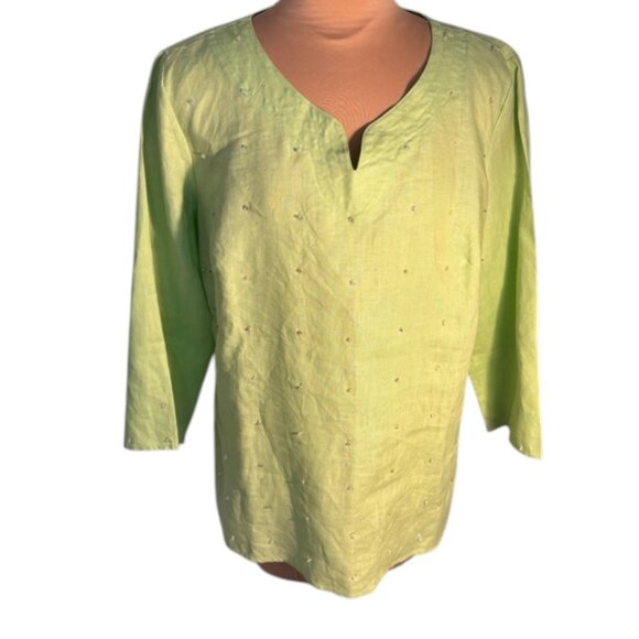 Richard Malcolm 100% Linen Lime Green Embellished 3/4 sleeve Top Size Large - Picture 1 of 11